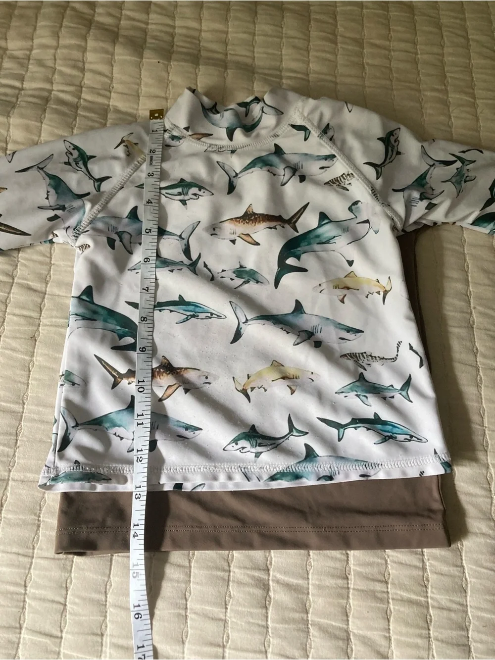Kids Two-Piece Swim Pajama Set in Neutral Brown with Shark Print